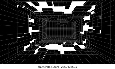 Digital black destroyed tunnel with holes. Wireframe grid box, network connection technology. Futuristic portal pattern. Vector illustration.