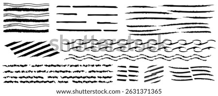 Digital Black Ink Brush Strokes Grid – Minimalist Art of Varied Styles, Thickness, Zigzag, Wavy, Textured Lines and Shapes on White Background – High-Resolution Brushstroke Design