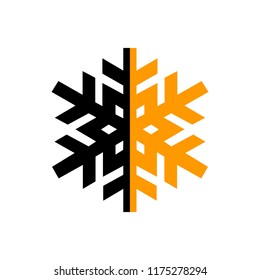Digital black and orange isolated circle logo template. Stylized abstract snowflake, flower or sun vector illustration