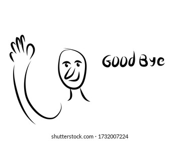 Digital black and white art of funny man face with hand saying good bye - vector illustration art