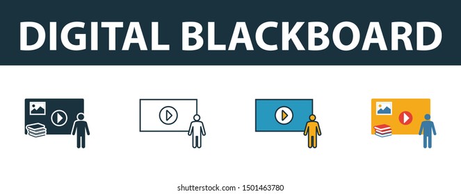Digital Blackboard icon set. Four elements in diferent styles from school icons collection. Creative digital blackboard icons filled, outline, colored and flat symbols.