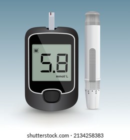 Digital Blood Glucose Testing Kit With Lancing Device, Diabetes Tester Device Icon. Glucometer Vector Illustration