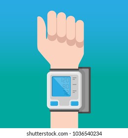 Digital Blood Pressure Monitor On The Wrist Of The Hand On A Blue Background. Vector Illustration.