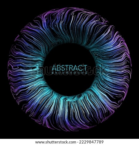 Digital blue abstract eye iris or magic portal with glowing waved lines and sparks. Artificial intelligence concept. Glowing futuristic circle banner. Abstract black hole vector background