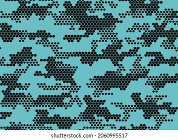 
Digital blue camouflage texture, seamless hexagonal pattern, trendy modern illustration for clothing, fabric printing.