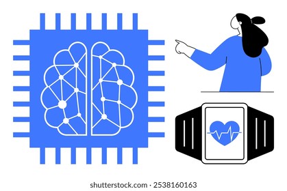 A digital blue chip representing AI, a woman pointing, and a smartwatch with a heart symbol. Ideal for technology, healthcare, AI, smart devices, and medical advancements. Simple, modern, vector