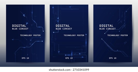 Digital Blue Circuit Technology Poster Set, Futuristic Cyber Background
