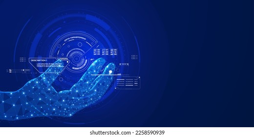 Digital blue cyberspace strategy technology, IoT innovation business progress concept. Futuristic low poly hand face up  with hud UI system information vector.