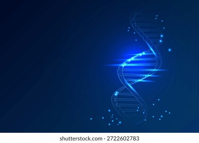 Cadena de ADN azul digital con partículas brillantes sobre fondo oscuro, que simbolizan la genética y la biotecnología.