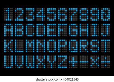 tablero digital de letras azules y números para horarios de aeropuerto, horarios de tren, cuadro de mandos, etc.