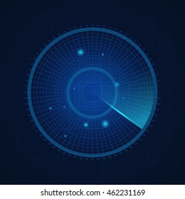 Digital blue radar screen with aims. Vector illustration 