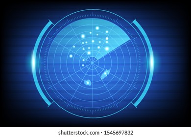 Digital blue realistic vector radar with targets on monitor in searching. Air search . Military search system . Navigation interface wallpaper . Navy sonar.