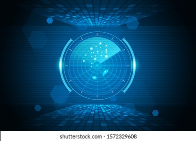 Digital blue realistic vector radar with targets on monitor. Air search .