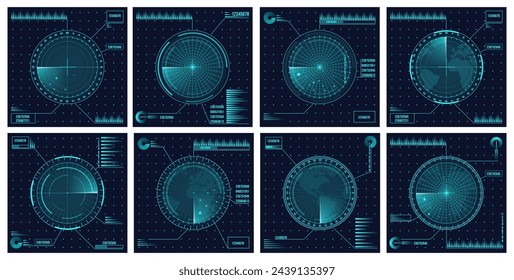 Radar de vector realista azul digital con objetivos en el monitor en la búsqueda. Sistemas de búsqueda aérea y defensa militar. Interfaz de navegación y pantalla de sonar azul marino o interfaz con escáneres