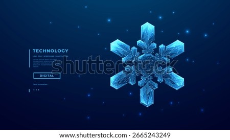 Digital blue snowflake on a technology background. Merry Christmas and Happy New Year, design element for winter holidays presentations, web banners, and covers. Abstract vector illustration.