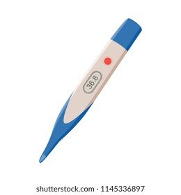 Digital blue thermometer in cartoon style. Medical body temperature measurement and meteo, science laboratory, climate control equipment. Vector illustration.