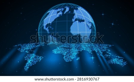 Digital Blue World Globe with Dotted Global Map, Futuristic Earth Network Background and Technology Vector Illustration