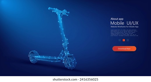 Digital Blueprint of Electric Scooter. Futuristic electric scooter blueprint on blue. Electric kick scooter. 3d vector icon. Low poly wireframe minimal style.