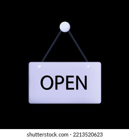 Digital board Open 3d. Notification or opening icon for store, doors or new business. Poster, signboard with invitation to enter, visit now, welcome. Hanging plate with information and warning. Vector