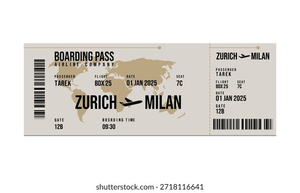 Una tarjeta de embarque digital que detalla un vuelo de Zúrich a Milán con información Relevantes para el viaje.