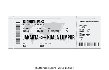 Um cartão de embarque digital exibindo detalhes do voo de Jacarta a Kuala Lumpur, datado de 7 de janeiro.