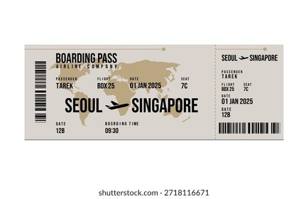 Una tarjeta de embarque digital que muestra un vuelo de Seúl a Singapur el 1 de enero de 2025.