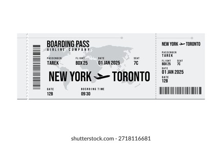 Um cartão de embarque digital exibindo detalhes do voo de nova york a toronto em 6 de janeiro.