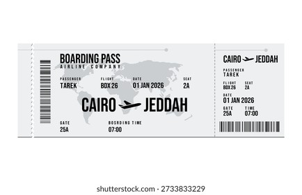 A digital boarding pass displaying flight details for Cairo to Jeddah, dated January 1, 2026.