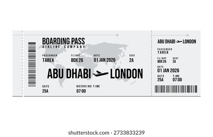 Um cartão de embarque digital exibindo detalhes do voo de Abu Dhabi para Londres em 1º de janeiro de 2026.
