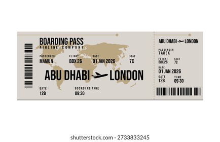 A digital boarding pass displaying flight details from Abu Dhabi to London for January 2026.