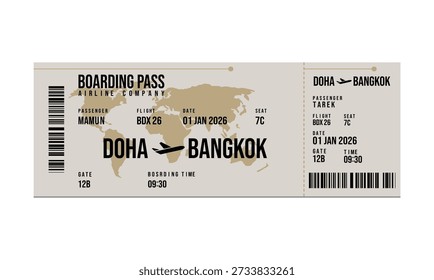 A digital boarding pass displaying flight details from Doha to Bangkok, dated January 1, 2026.