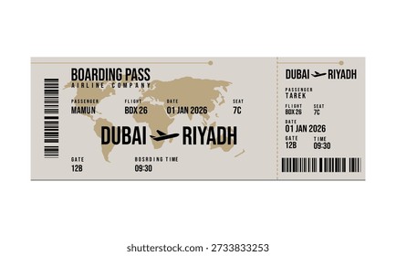 Eine digitale Bordkarte für einen Flug von Dubai nach Riad mit Weltkarte.