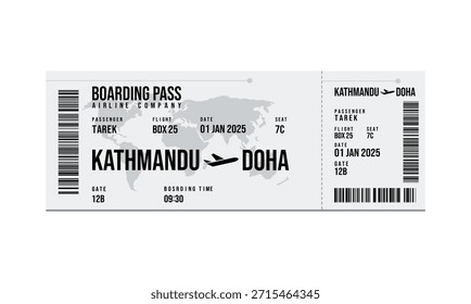 Tarjeta de embarque digital para un vuelo de Katmandú a Doha el 1 de enero