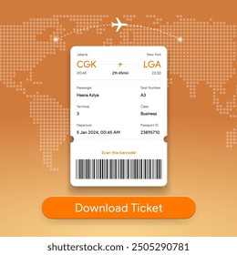 Digital boarding pass template. Airplane E-ticket travel data of passenger mockup. Flight check-in document in app. Booking confirmation card for business and economy class. Vector illustration