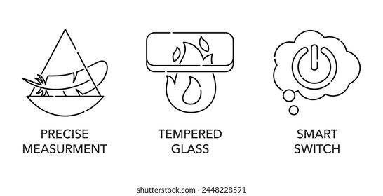 Digital Body Weighing Scale icons set in thin separated line - sensitive measurement, tempered glass and intelligent switch.