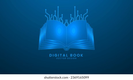 Digital book with circuit board. Artificial Intelligence and Machine Technology Concept. Vector illustration with light effect and neon