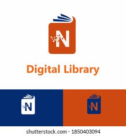 Digital Book and E Book Vector Concept Logo with Initial N letter and Pixel element