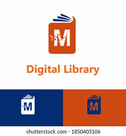 Digital Book and E Book Vector Concept Logo with Initial M letter and Pixel element