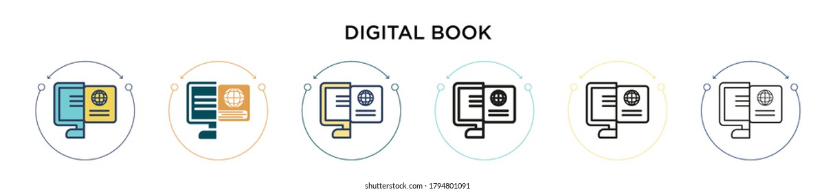Digital book icon in filled, thin line, outline and stroke style. Vector illustration of two colored and black digital book vector icons designs can be used for mobile, ui, web