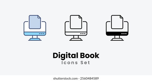 Digital Book Icons thin line and glyph vector icon stock illustration