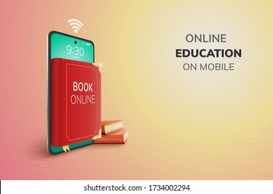 Digital Book Library Learning Online Education internet blank space on phone, mobile website background. social distance technology concept. decor by book smartphone mobile. 3D vector Illustration.