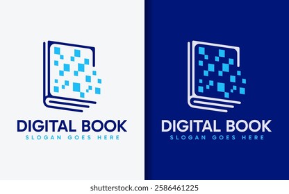 Digital Book Logo Design. Abstract Minimalist Navy Book and Digital Tech Element Combination. Vector Logo Symbol Icon Illustration.