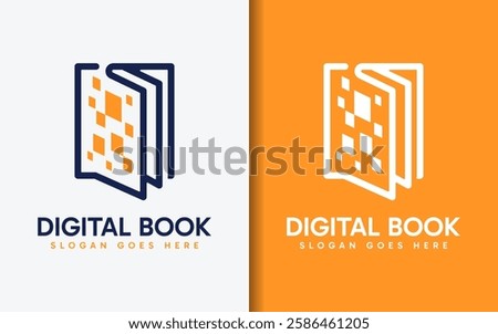 Digital Book Logo Design. Black Book Shape and Square Digital Element Combination. Vector Logo Illustration.