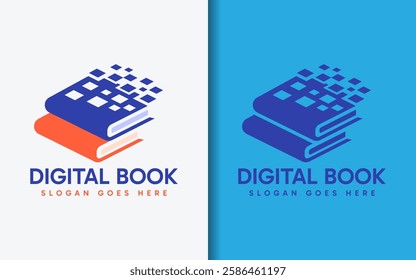 Digital Book Logo Design. Blue and Orange Book Combination with Digital Square Element. Vector Symbol Logo Icon Illustration.