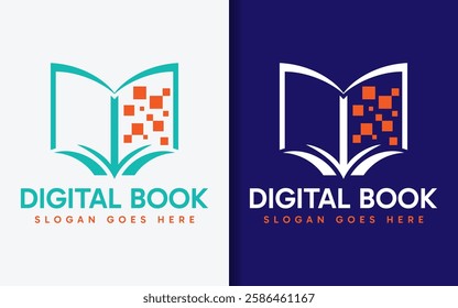 Digital Book Logo Design. Teal Blue Book and Tech Element Combination. Vector Logo Symbol Icon Illustration.