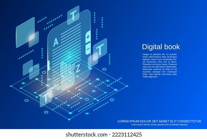 Digital book, online reading flat 3d isometric style vector concept illustration