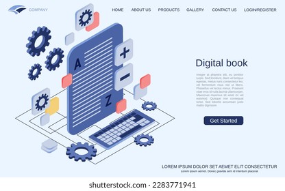 Digital book, online reading modern 3d isometric style vector concept illustration. Landing page design template