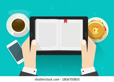 Digital book reading man, electronic notebook reader on tablet computer in person hand vector flat cartoon illustration, ebook learning study idea above workplace table desk, education concept trendy