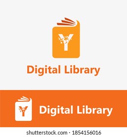 Digital Book/E Book and Digital Library Vector Concept Logo with Initial Y letter and Pixel element