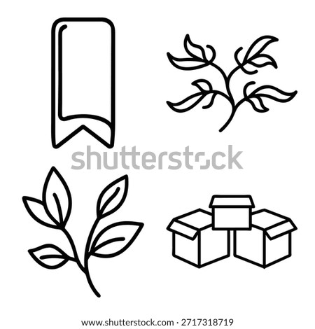 Digital Bookmark Ribbon, Natural Leaf Branches, Organic Foliage, and Group of Delivery Cardboard Boxes Outline Icons Set